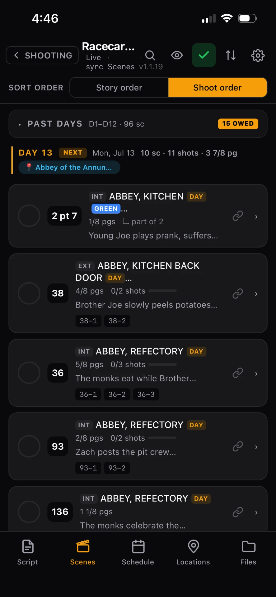 SetSlate app shooting schedule on a phone screen